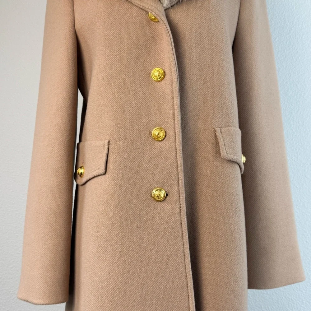 Zara Wool Blend Mid Length Coat Size M Faux Fur Removable Collar Camel Tan - Picture 4 of 17